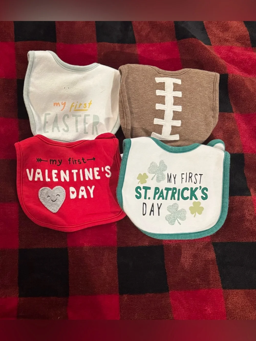 4 Baby Holiday Bib Bundle | Valentine’s, Easter, St. Patrick’s Football- Set #2